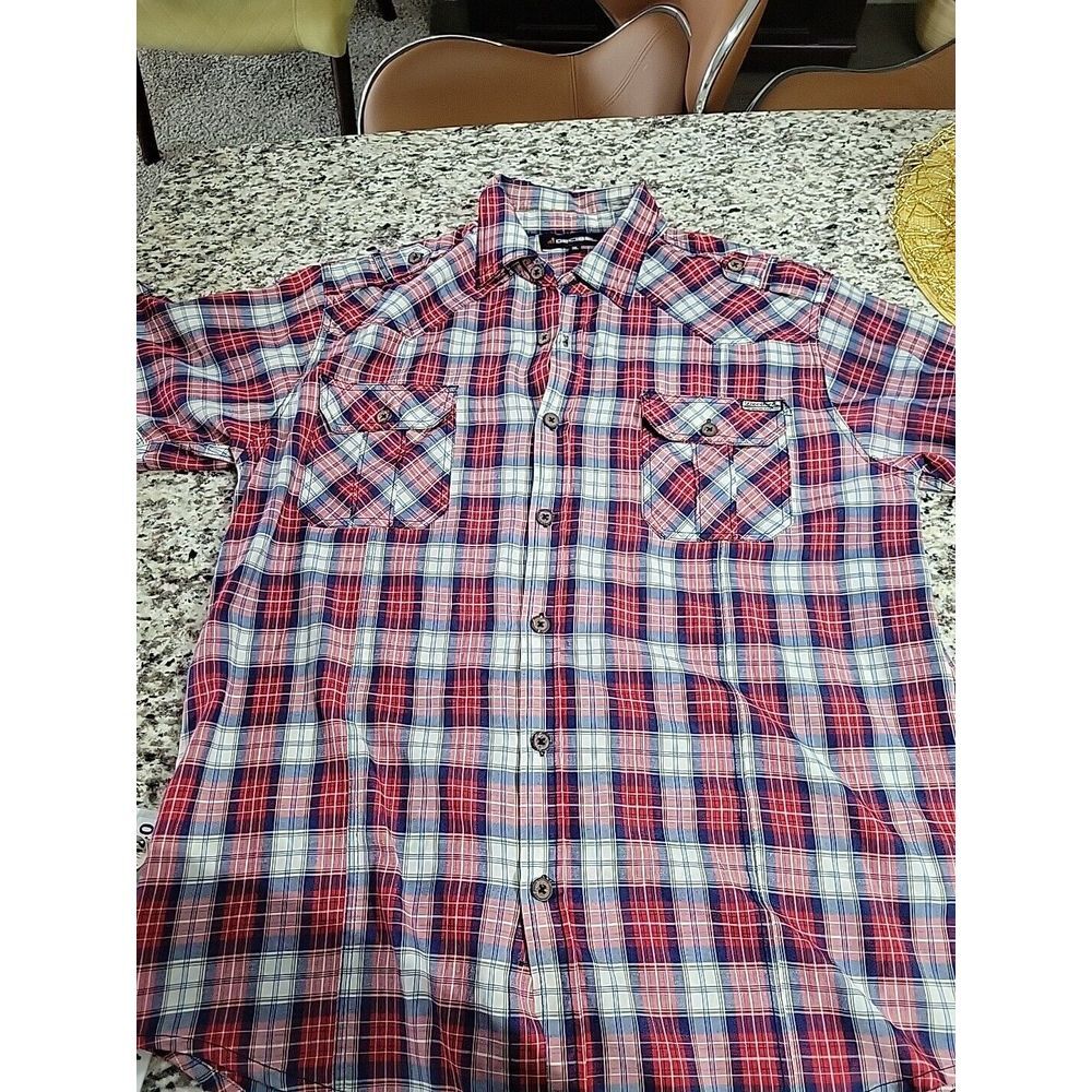 Decibel Shirt Button‎ Up  Men's XL Blue Red Plaid Cotton Blend Short Sleeve